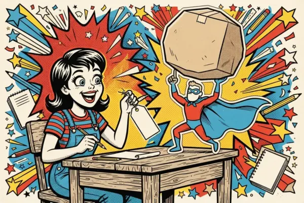 A cheerful writer tying a tag onto a tiny superhero figure effortlessly lifting a huge boulder overhead.