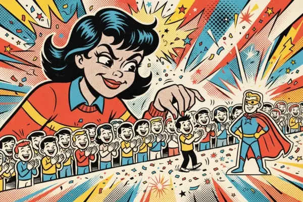 A giant, smiling writer reaching into a cheering, adoring crowd toward a tiny character, with a superhero figure standing nearby.