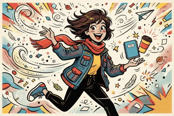 Ilustración de una joven corriendo con energía, sonriente, cargando una libreta y un café para llevar, rodeada de hojas y papeles volando.