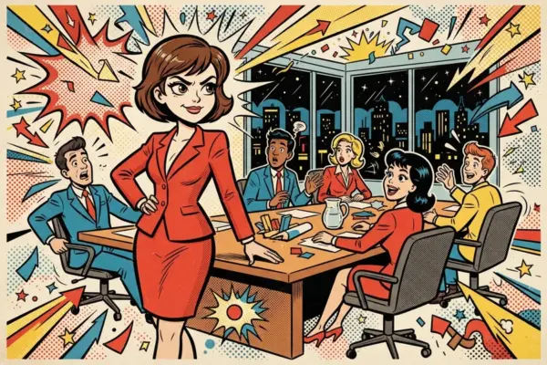 Ilustración pop art de una mujer al frente de una mesa de reuniones, dirigiendo con seguridad a su equipo.
