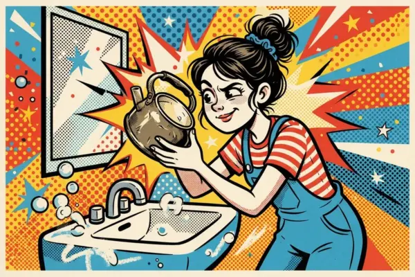 Comic-style illustration of a woman happily scrubbing a stained, old kettle under running water at the sink.