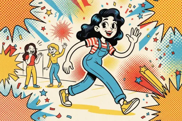 Una chica con overol azul camina animada hacia delante, mira atrás con una sonrisa y saluda con la mano, mientras dos amigas la saludan desde atrás, sobre un fondo abstracto de pop art.