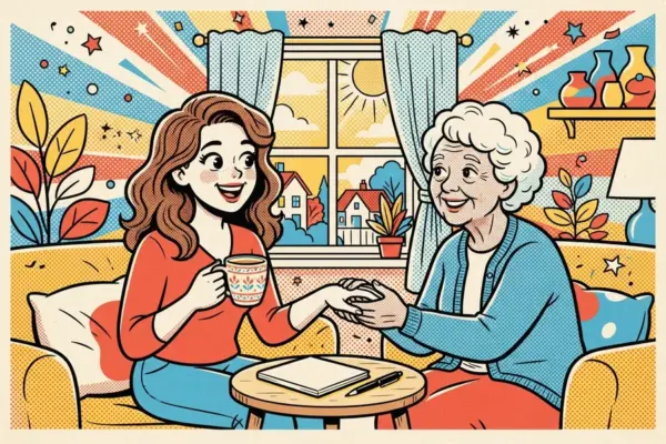 Retro comic-style illustration of a young woman and an older woman sitting close together by a sunny window, holding hands and talking, with a notebook and pen on the table between them.