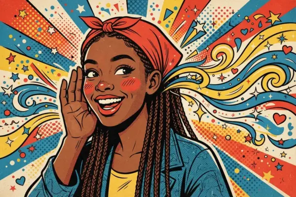Ilustración de cómic de una joven con pañuelo rojo y trenzas que sonríe con la mano junto a la oreja, como escuchando, mientras a su lado ondulan cintas de colores con corazones y estrellas.