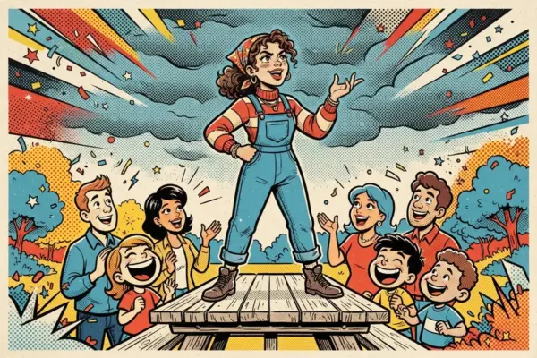 Ilustración de una chica de pie sobre una mesa de picnic, con los brazos en alto, ante un pequeño grupo que la aclama.