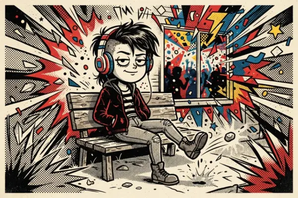 Ilustración de una persona con auriculares sentada sola en un banco, apartada de una fiesta con luces al fondo.