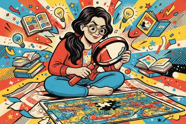 Pop-art illustration of a woman with round glasses sitting cross-legged on the floor, studying a jigsaw puzzle with one missing piece through a large magnifying glass, surrounded by books and light bulbs.