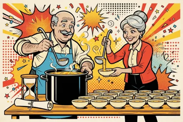 Comic-style illustration of an older man in a blue apron and an older woman in a red cardigan ladling soup from a big black pot into rows of bowls, with an hourglass and a rolled scroll on the table.