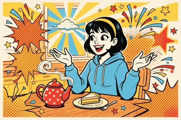 Ilustración de cómic de una joven de pelo oscuro, diadema amarilla y sudadera azul que gesticula animada en una mesa de cocina, con una tetera roja de lunares y un trozo de postre delante.