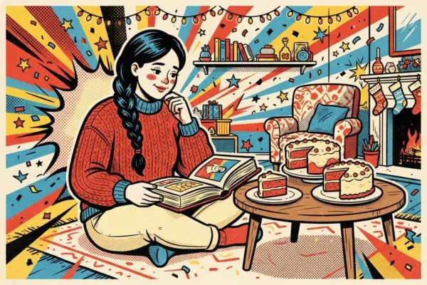 Ilustración de cómic de una joven de trenza larga y suéter rojo que hojea un álbum de fotos sentada en el suelo de un salón con guirnaldas, junto a una mesa baja con dos postres.