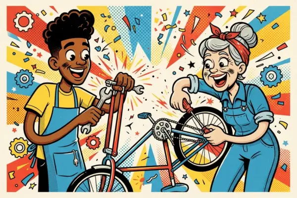 Pop-art illustration of a young man with a wrench and a grey-haired woman with a screwdriver, both grinning as they repair a bicycle together among gears and sparks.
