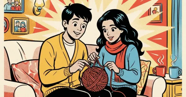 Comic-style illustration of two people on a sofa, one in a yellow cardigan and one in a red scarf, untangling a ball of red yarn together.