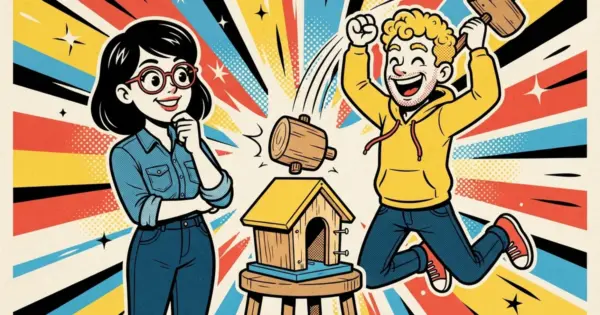 Pop-art illustration: a woman in red glasses ponders a small wooden birdhouse with her hand on her chin, while a laughing man in a yellow hoodie leaps beside it swinging a mallet.