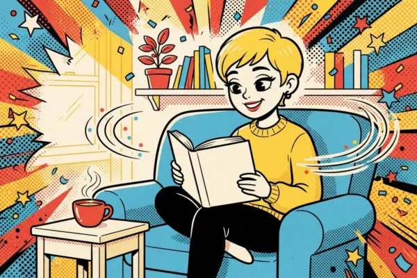 Девушка с короткой светлой стрижкой читает книгу в синем кресле у окна, рядом на столике красная чашка с паром, вокруг яркие лучи и конфетти в стиле комикса.