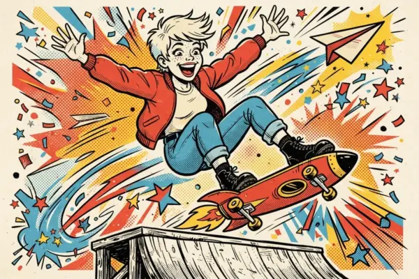 Pop-art illustration of a laughing kid in a red jacket flying off a wooden ramp on a rocket-shaped skateboard, with a paper plane and stars bursting around.