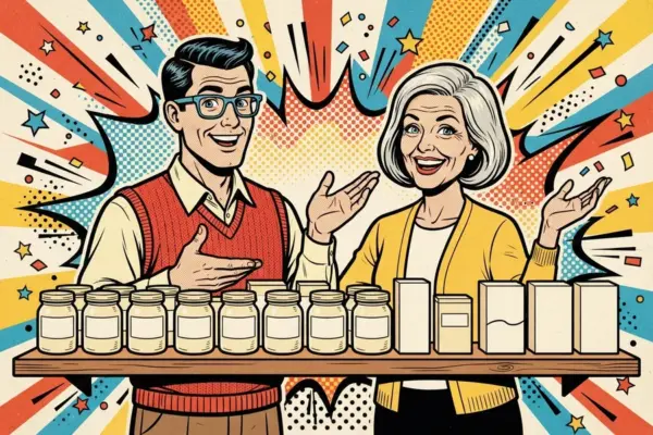Pop-art illustration of a man in a red sweater vest and a grey-haired woman in a yellow cardigan standing behind a wooden shelf of neatly matched jars and boxes in a row.