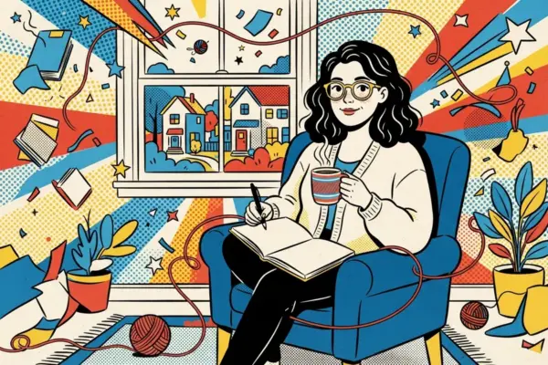 Ilustración de cómic de una mujer de gafas amarillas y pelo rizado, sentada en un sillón azul con una taza en una mano y una pluma sobre un cuaderno, rodeada de hilos de lana y papeles que vuelan.