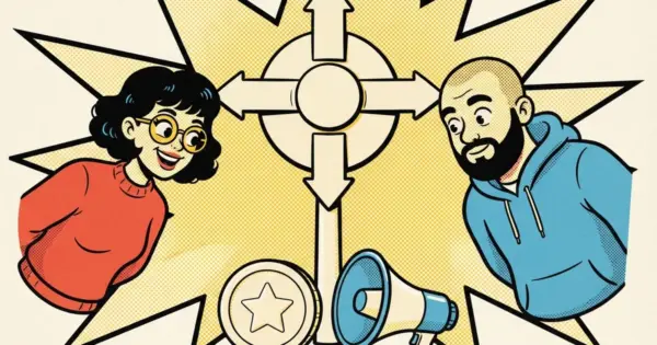 Comic-style illustration of a woman in round yellow glasses and a bearded man in a blue hoodie leaning toward a four-arrow cross, with a star coin and a megaphone at the bottom.