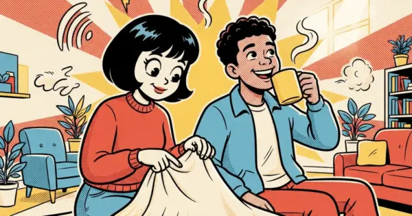 Comic-style illustration of a woman in a red jumper running her fingers over a cream blanket while a smiling man in a blue jacket sips from a yellow mug beside her.